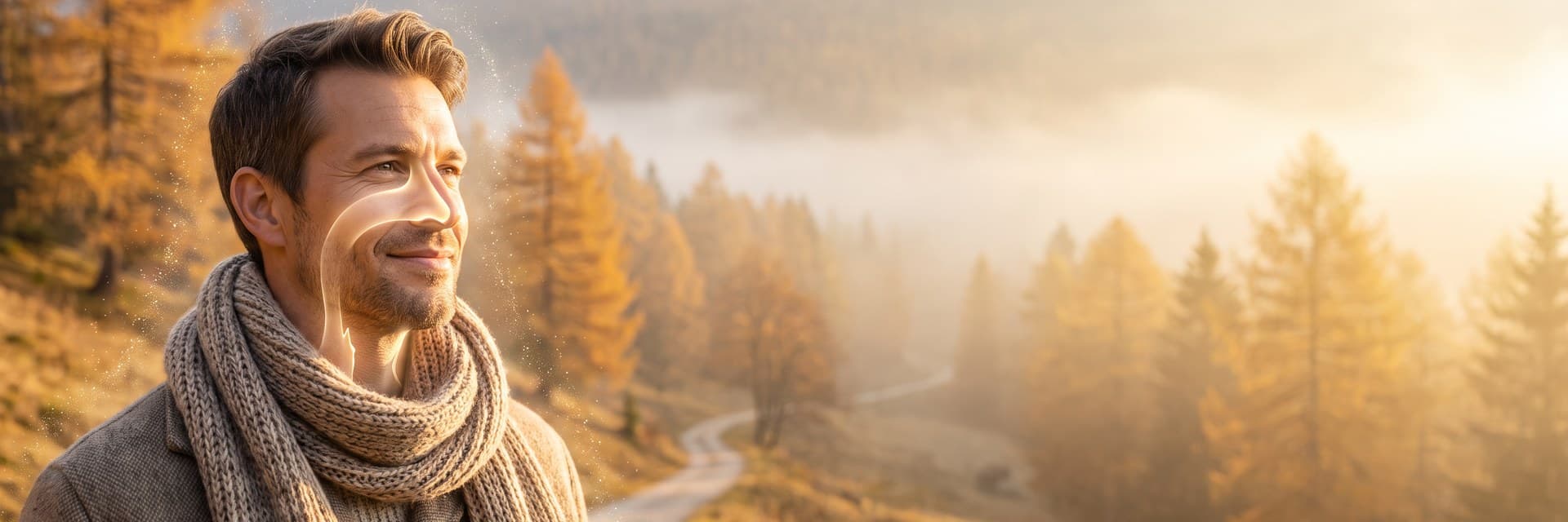 Muž v šále na jesennej lesnej ceste pri východe slnka